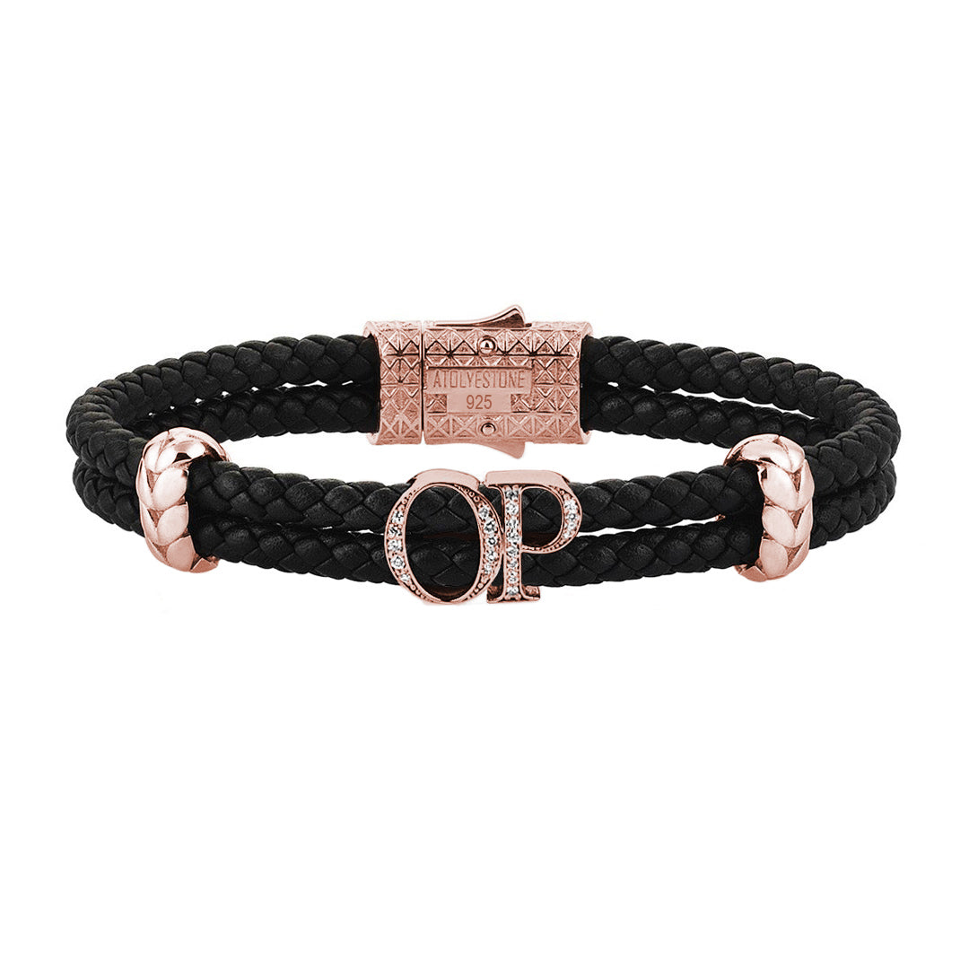 Atolyestone Mens Personalized Leather Bracelet - Rose Gold - Pave White Diamond - Black