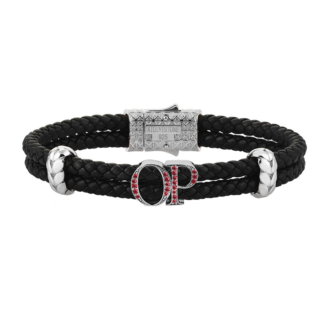 Atolyestone Mens Personalized Leather Bracelet - Silver - Pave Ruby - Black