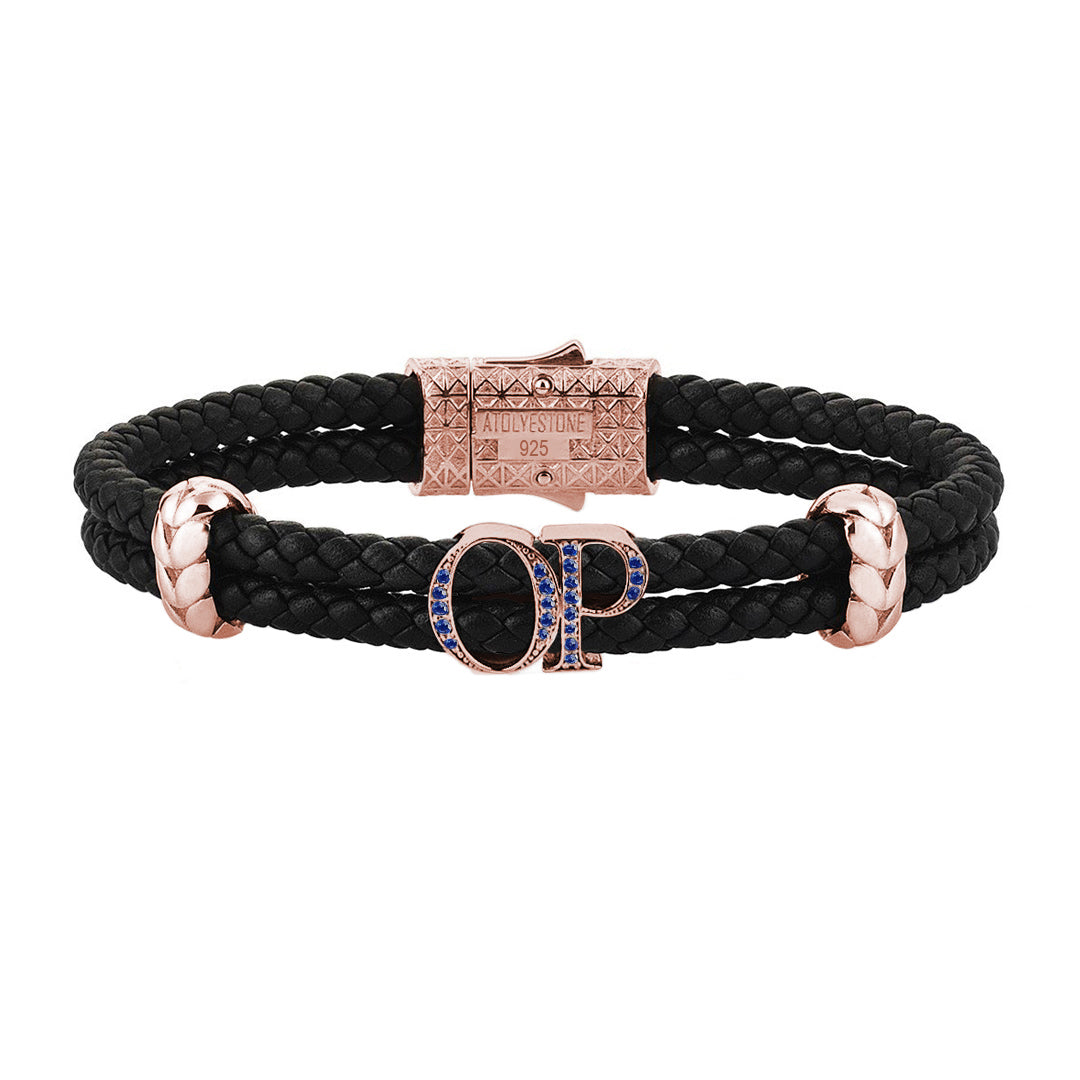 Atolyestone Mens Personalized Leather Bracelet - Rose Gold - Pave Sapphire - Black