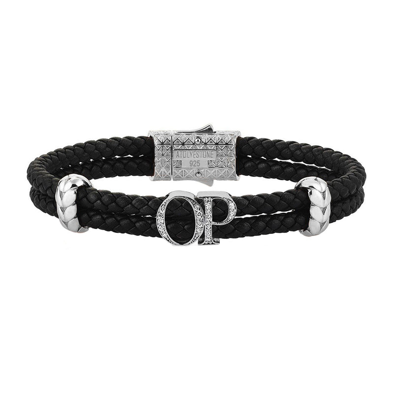 Atolyestone Mens Personalized Leather Bracelet - Silver - Pave White Diamond - Black