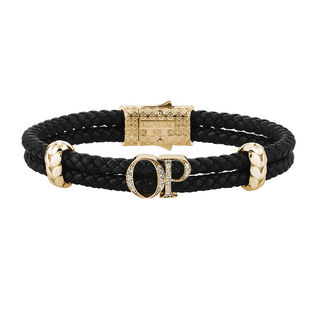 Atolyestone Mens Personalized Leather Bracelet - Yellow Gold - Pave White Diamond - Black
