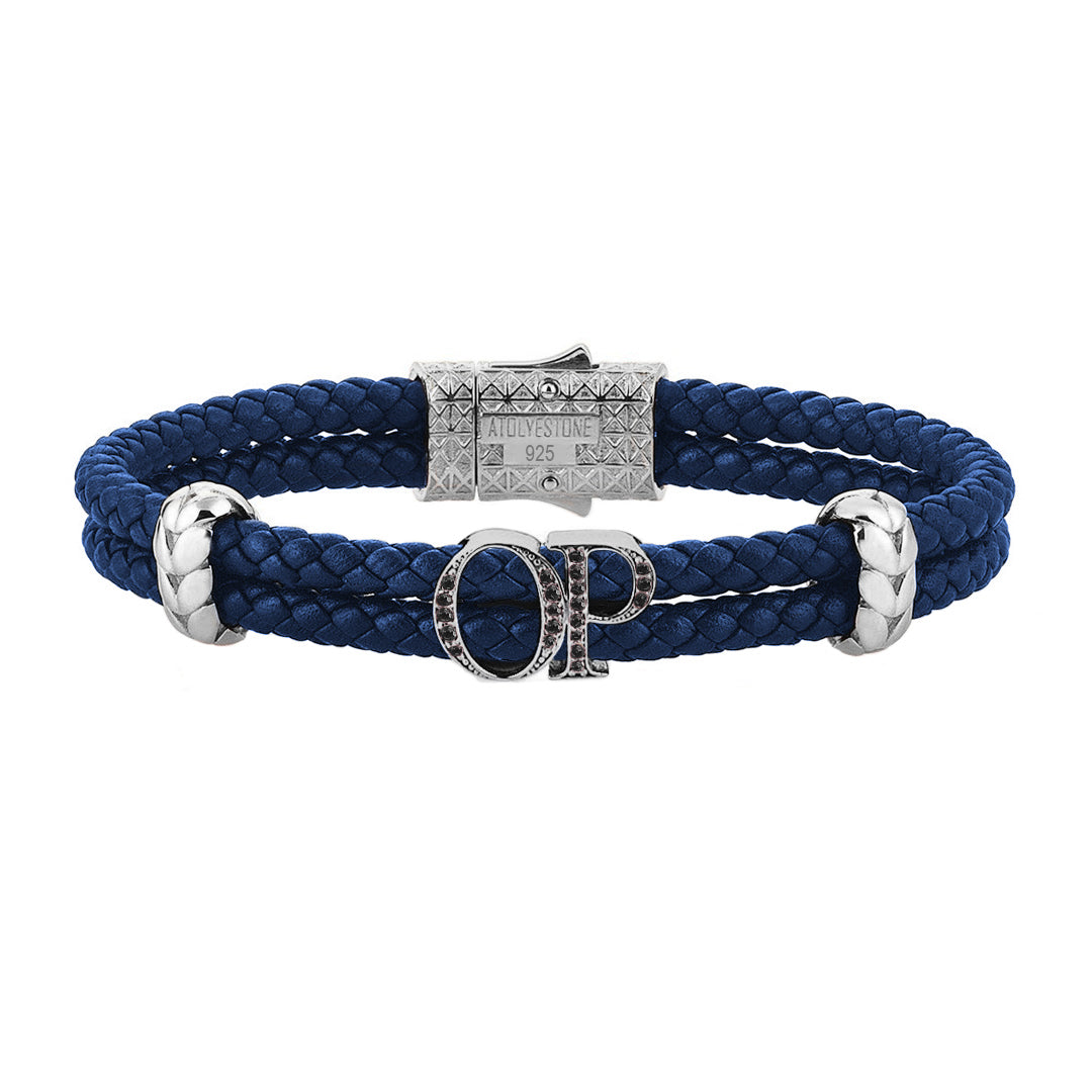 Atolyestone Mens Personalized Leather Bracelet - Silver - Pave Black Diamond - Blue