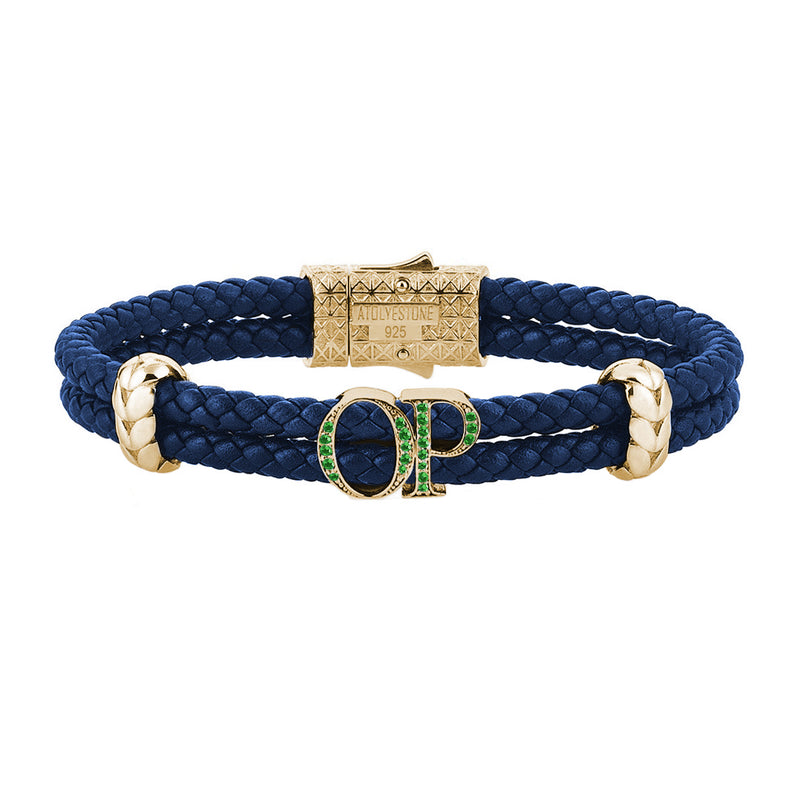Atolyestone Mens Personalized Leather Bracelet - Yellow Gold - Pave Emerald - Blue