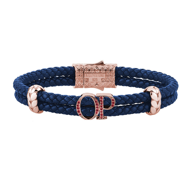 Atolyestone Mens Personalized Leather Bracelet - Rose Gold - Pave Ruby - Blue