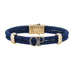 Atolyestone Mens Personalized Leather Bracelet - Yellow Gold - Pave Sapphire - Blue