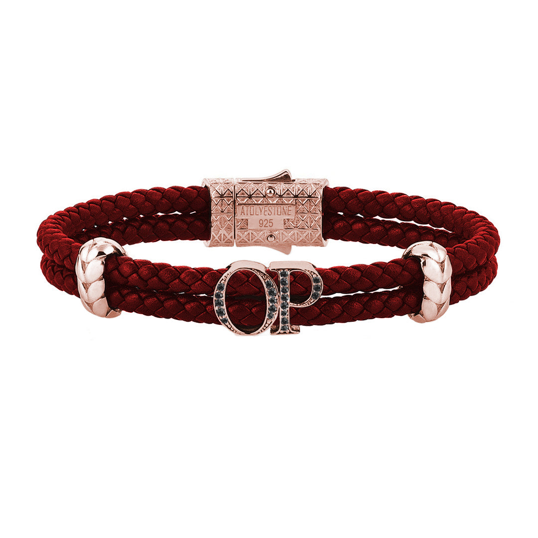 Atolyestone Mens Personalized Leather Bracelet - Rose Gold -  Black Diamond
