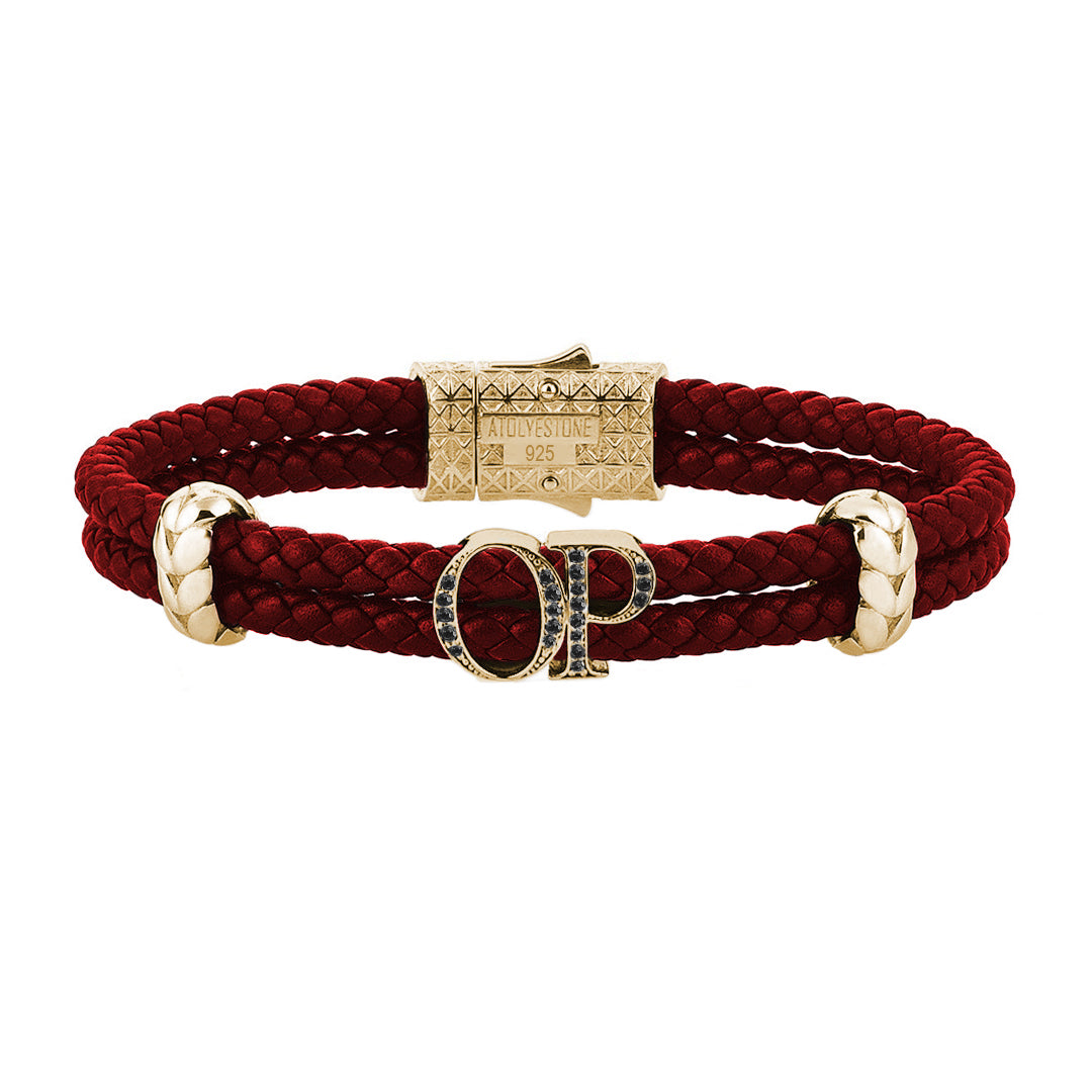 Atolyestone Mens Personalized Leather Bracelet - Yellow Gold - Black Diamond 