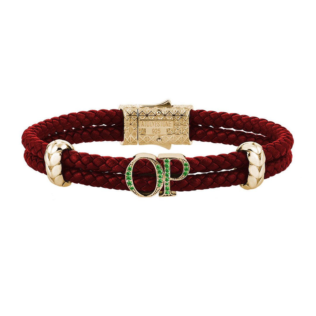 Atolyestone Mens Personalized Leather Bracelet - Yellow Gold - Emerald 
