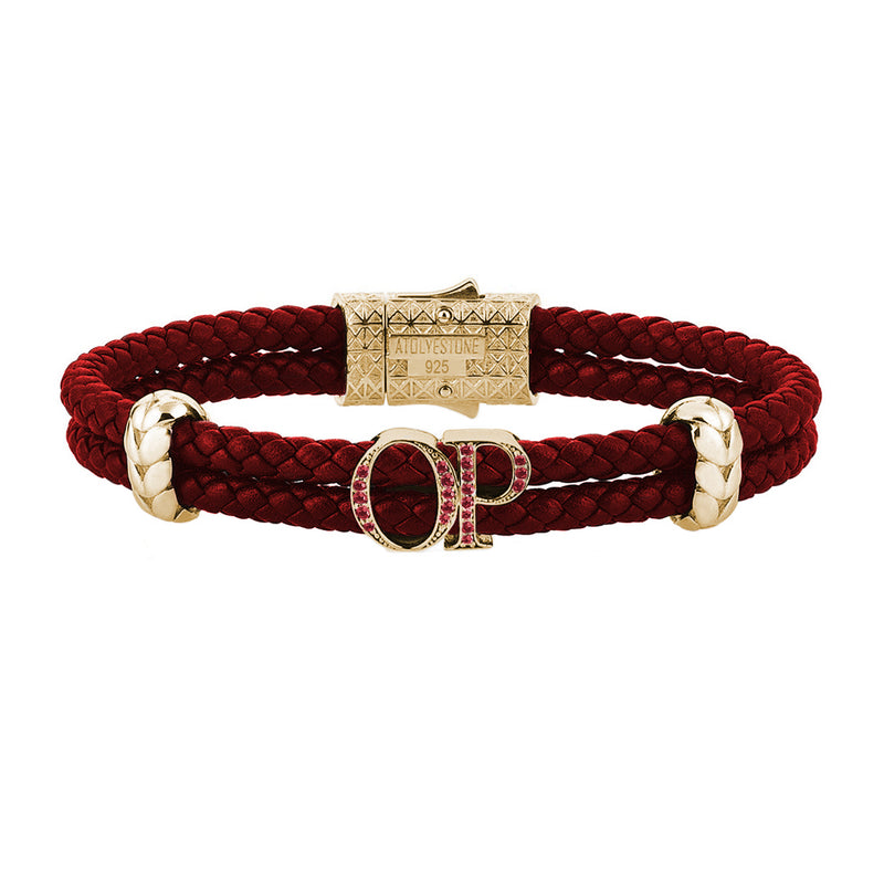 Atolyestone Mens Personalized Leather Bracelet - Rose Gold - Ruby
