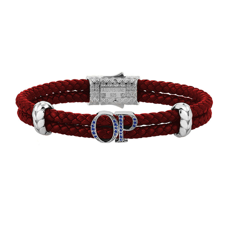 Atolyestone Mens Personalized Leather Bracelet - SIlver - Sapphire