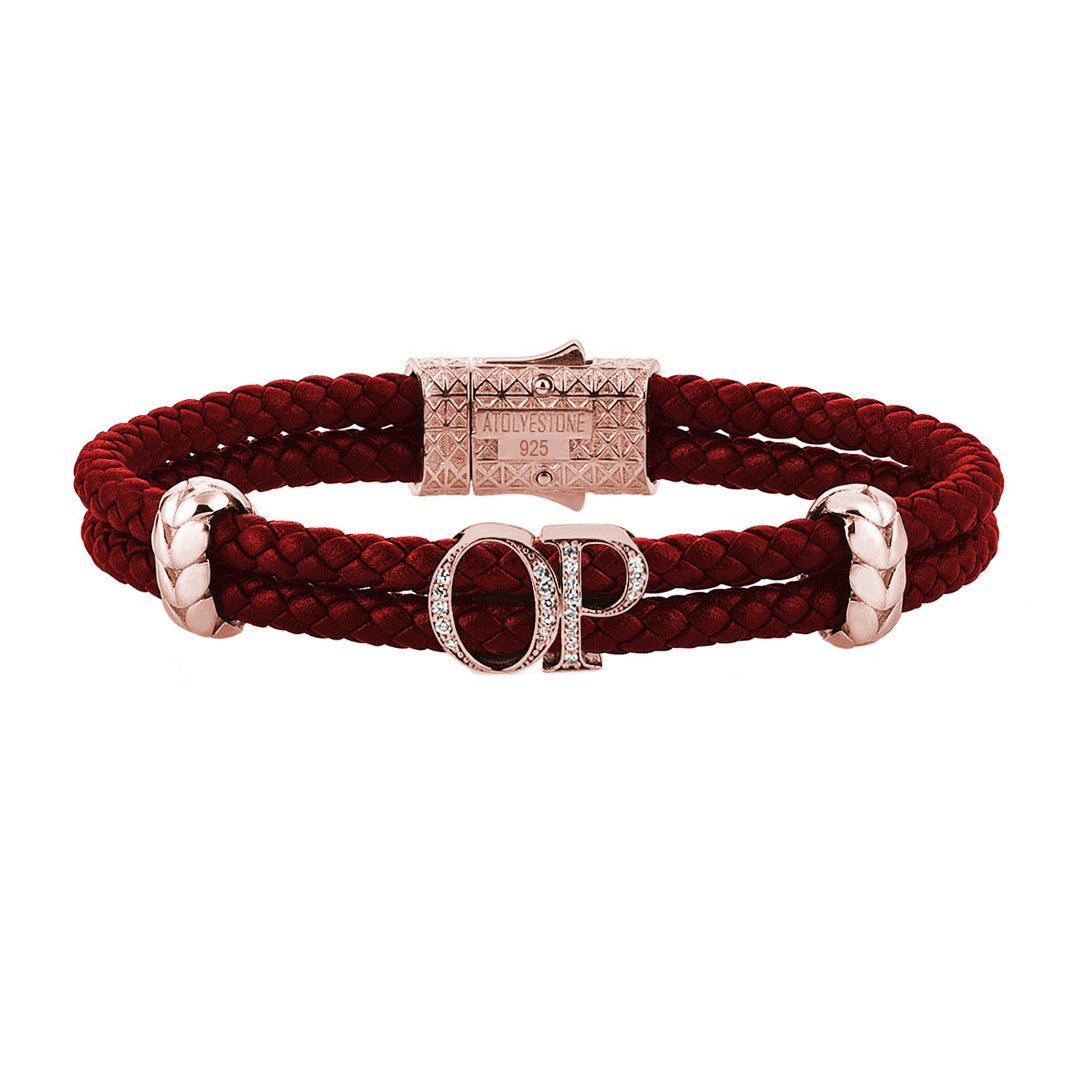 Atolyestone Mens Personalized Leather Bracelet - Rose Gold - White Diamond