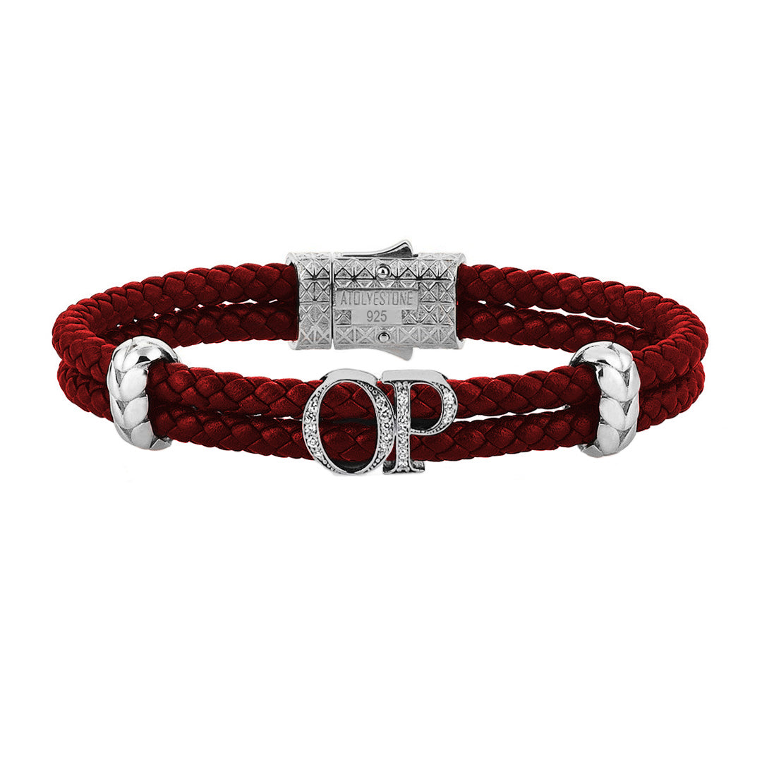 Atolyestone Mens Personalized Leather Bracelet - SIlver - White Diamond