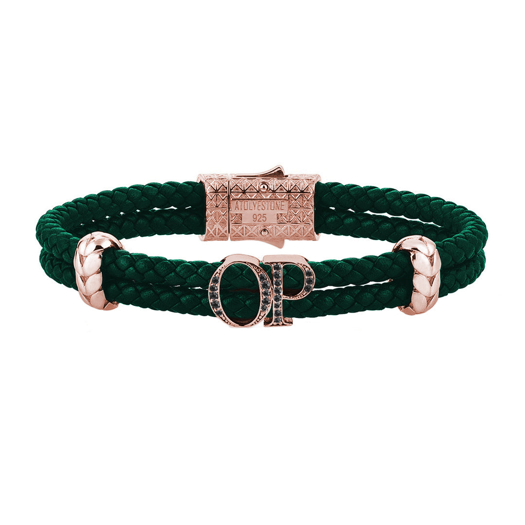 Atolyestone Mens Personalized Leather Bracelet - Rose Gold - Pave Black Diamond - Dark Green