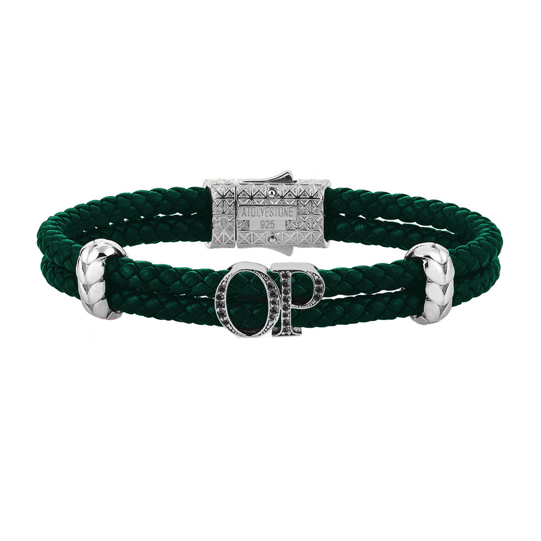 Atolyestone Mens Personalized Leather Bracelet - Silver - Pave Black Diamond - Dark Green