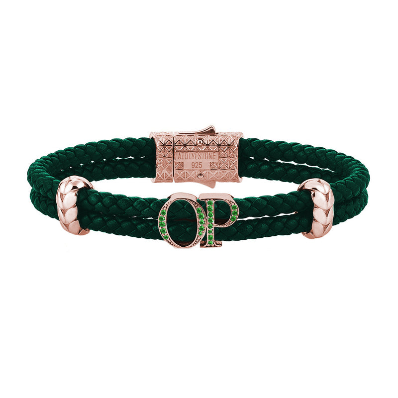 Atolyestone Mens Personalized Leather Bracelet - Rose Gold - Pave Emerald - Dark Green