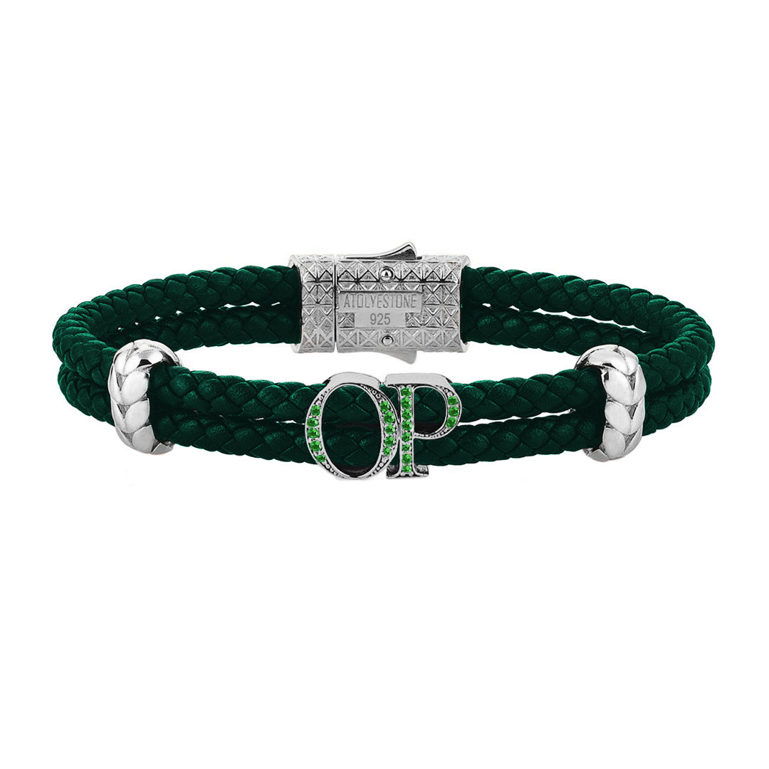 Atolyestone Mens Personalized Leather Bracelet - Silver - Pave Emerald - Dark Green