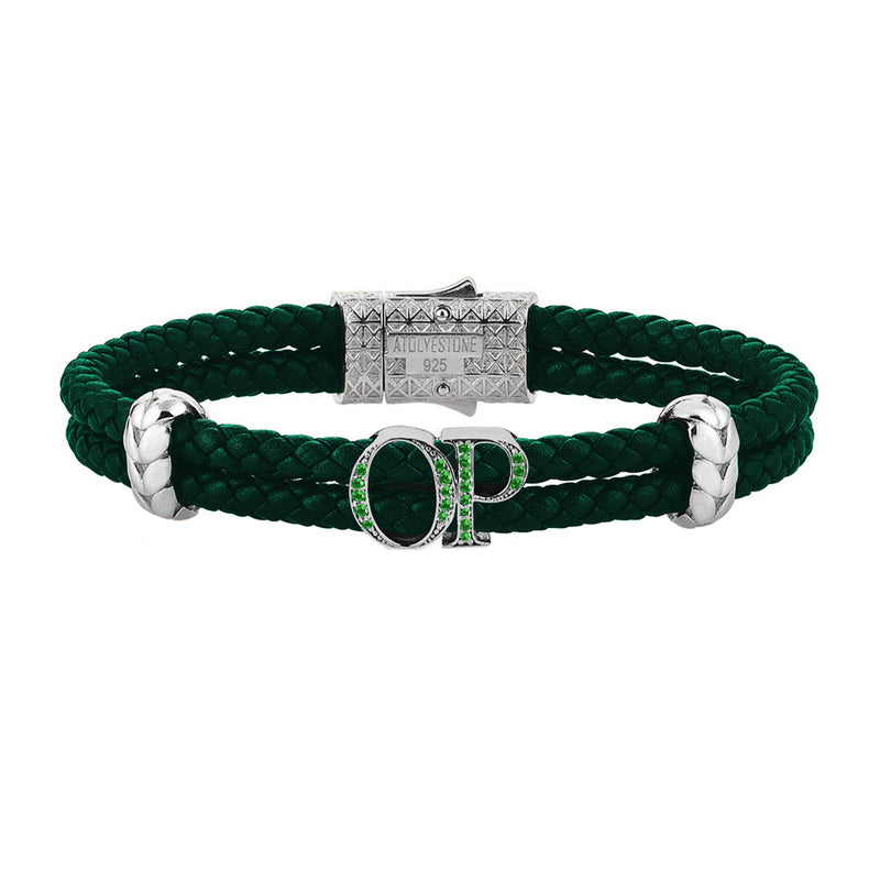 Atolyestone Mens Personalized Leather Bracelet - Silver - Pave Emerald - Dark Green