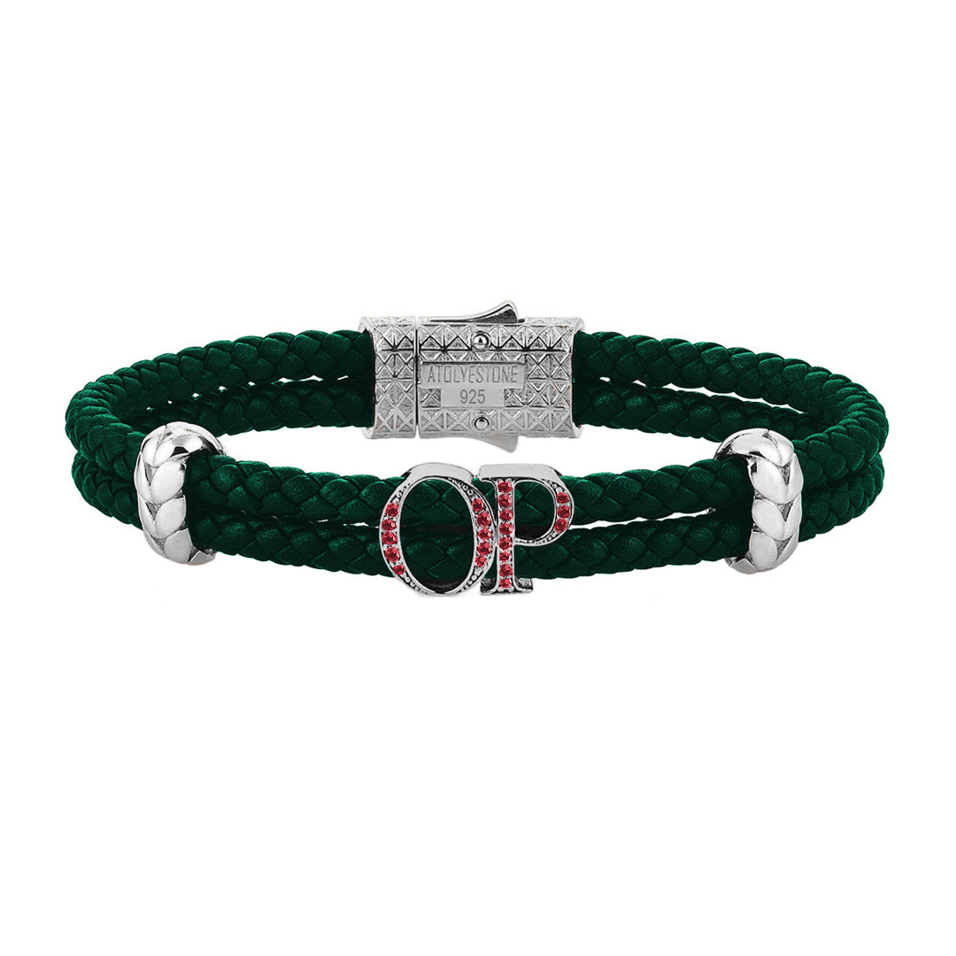 Atolyestone Mens Personalized Leather Bracelet - Silver - Pave Ruby - Dark Green