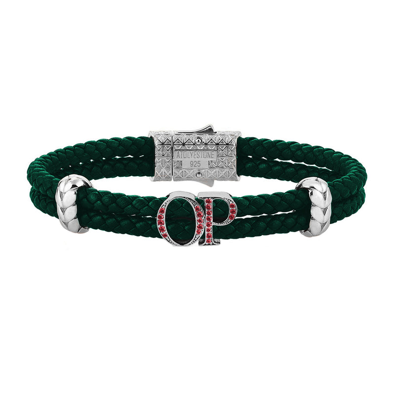 Atolyestone Mens Personalized Leather Bracelet - Silver - Pave Ruby - Dark Green