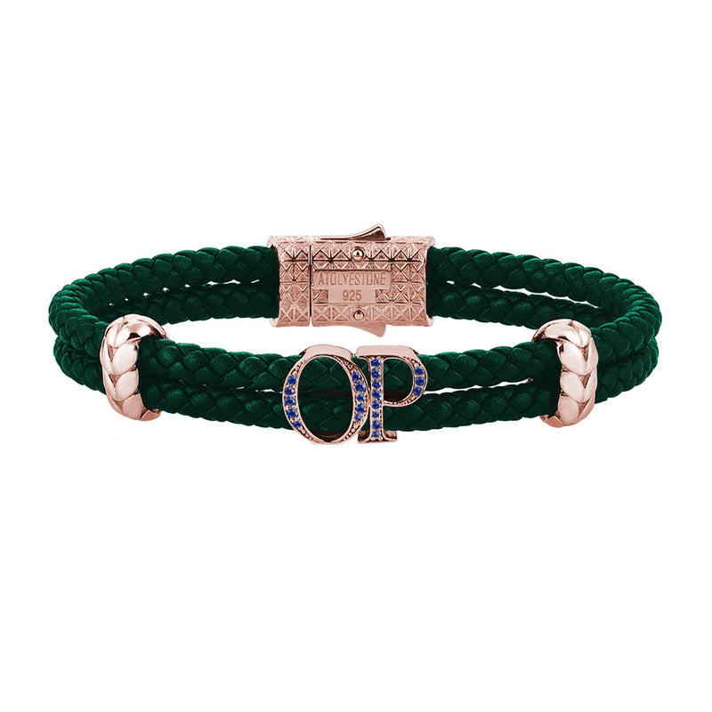 Atolyestone Mens Personalized Leather Bracelet - Rose Gold - Pave Sapphire - Dark Green