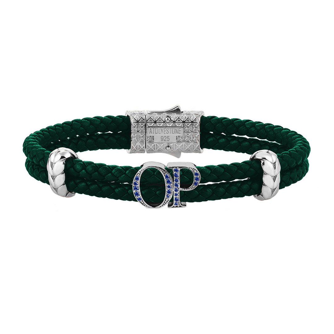 Atolyestone Mens Personalized Leather Bracelet - Silver - Pave Sapphire - Dark Green