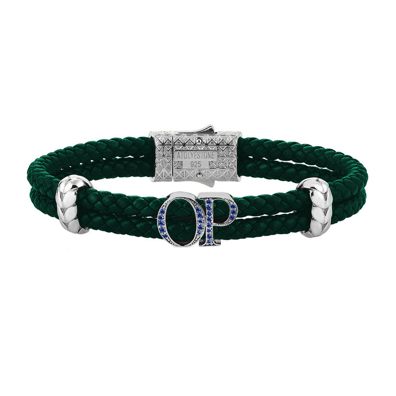 Atolyestone Mens Personalized Leather Bracelet - Silver - Pave Sapphire - Dark Green