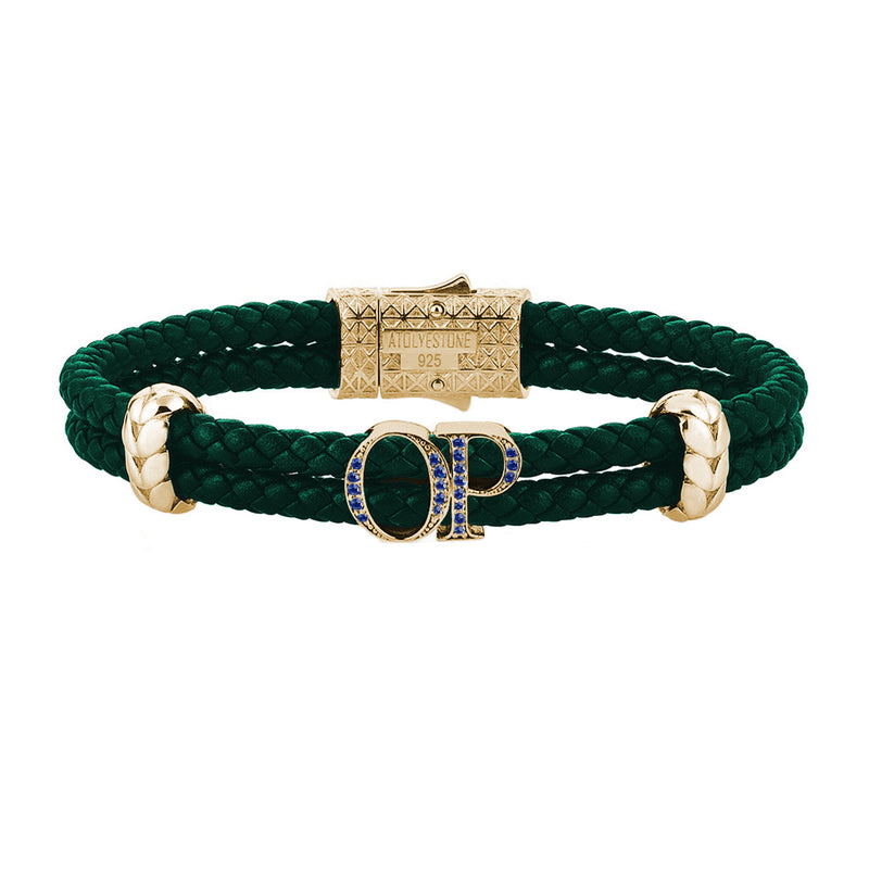 Atolyestone Mens Personalized Leather Bracelet - Yellow Gold - Pave Sapphire - Dark Green
