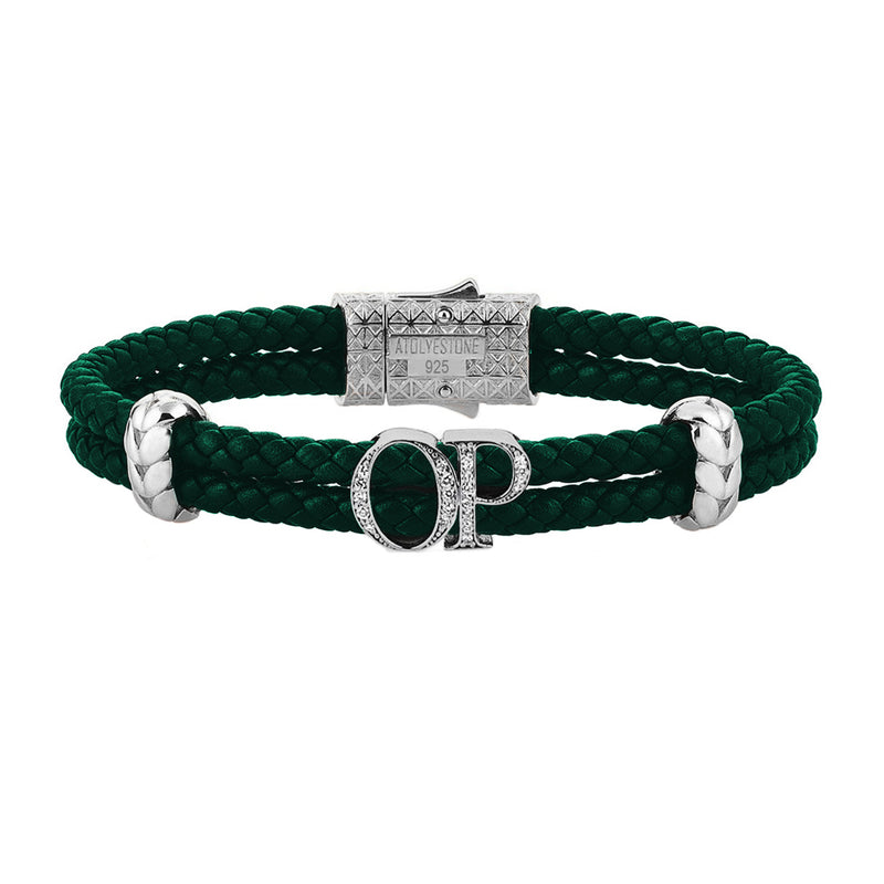 Atolyestone Mens Personalized Leather Bracelet - Silver - Pave White Diamond - Dark Green