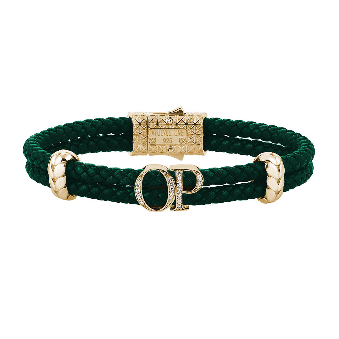 Atolyestone Mens Personalized Leather Bracelet - Yellow Gold - Pave White Diamond - Dark Green