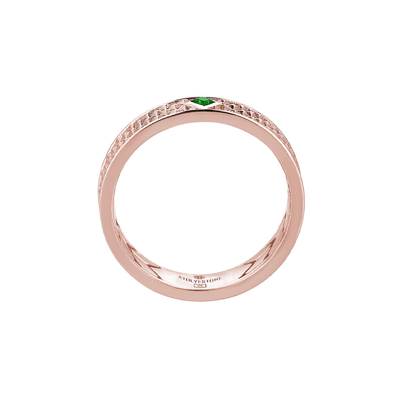 Men's Real Rose Gold Emerald Band Ring with Pyramid Design