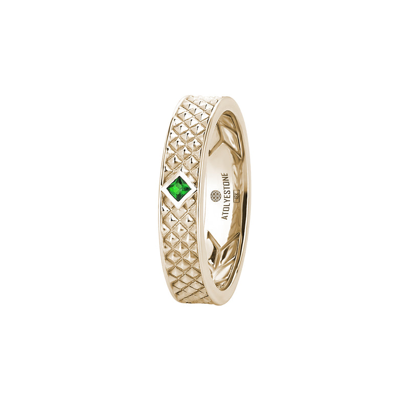 Men's Real Yellow Gold Emerald Band Ring with Pyramid Design