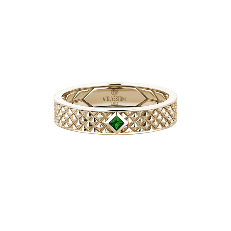 Men's Real Emerald Paved Real Yellow Gold Band Ring with Pyramid Design