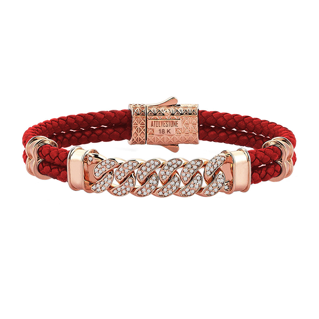 Mens Cuban Links Leather Bracelet - Red Leather - Solid Rose Gold