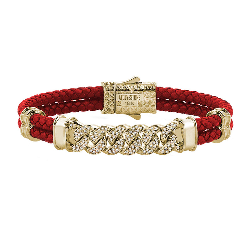 Mens Cuban Links Leather Bracelet - Red Leather - Solid Yellow Gold