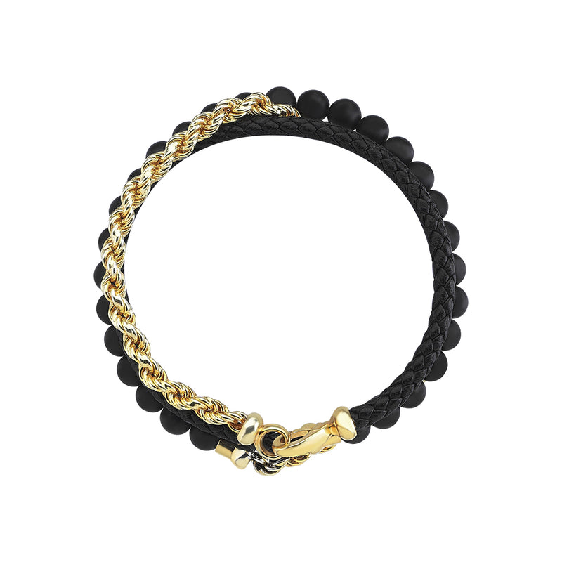 Men's Black Leather, Agate and 14K Yellow Gold Rope Chain Wrap Bracelet
