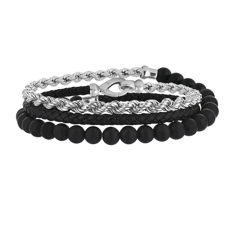 Men's Black Leather, Agate and 14K Real White Gold Rope Chain Wrap Bracelet