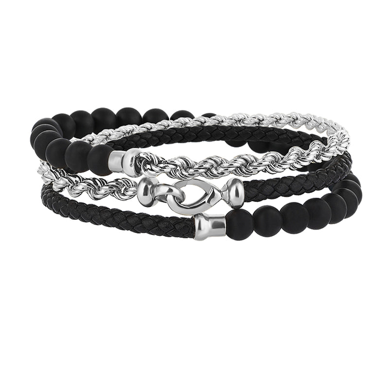 Men's Black Leather, Agate and 14K Solid White Gold Rope Chain Wrap Bracelet
