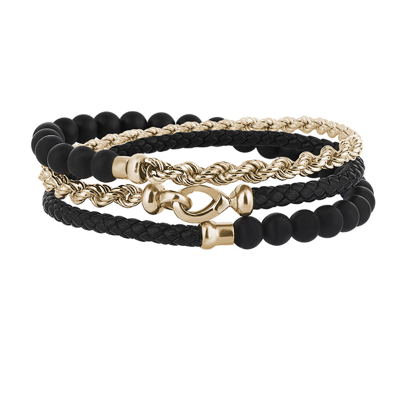 Men's Black Leather, Agate and 14K Solid Yellow Gold Rope Chain Wrap Bracelet