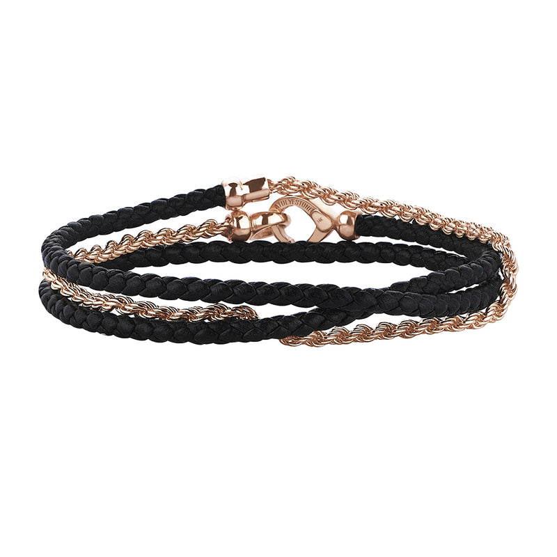 Black Leather and Solid Rose Gold Rope Chain Wrap Bracelet for Men
