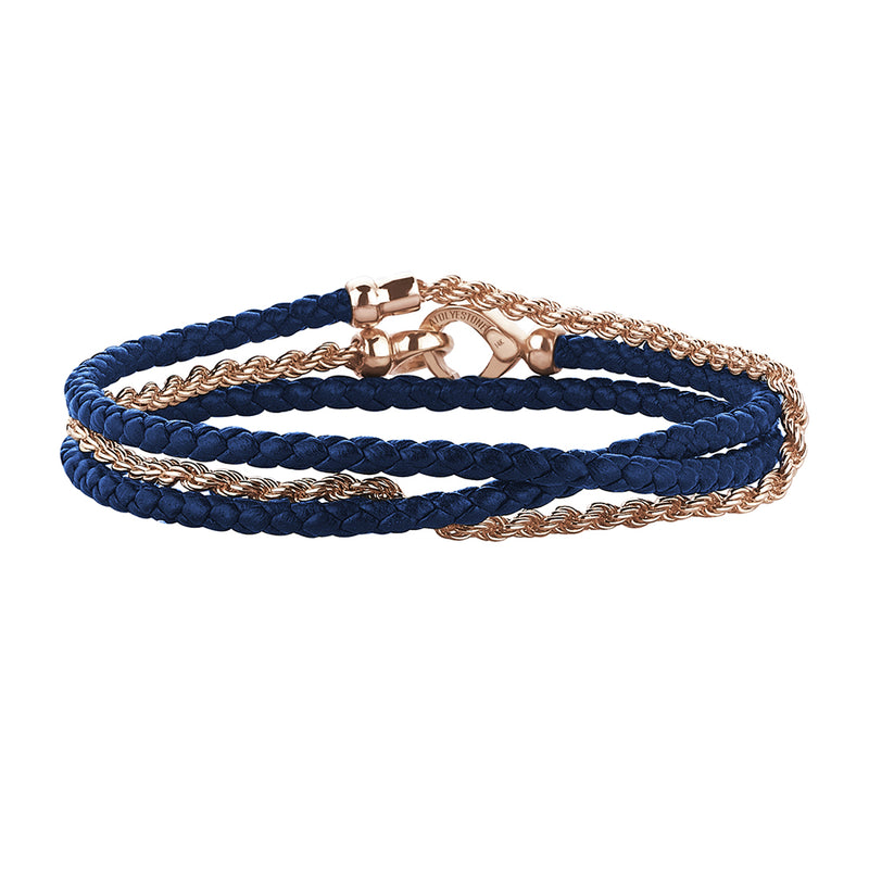 Blue Leather and Solid Rose Gold Rope Chain Wrap Bracelet for Men