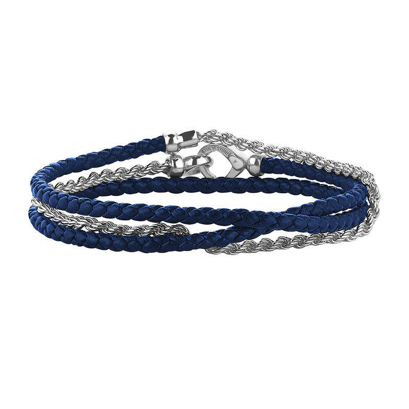 Blue Leather and Solid White Gold Rope Chain Wrap Bracelet for Men