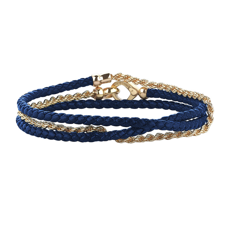 Blue Leather and Solid Yellow Gold Rope Chain Wrap Bracelet for Men
