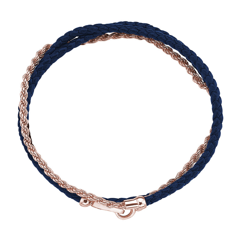 Men's Blue Braided Leather and Real Rose Gold Rope Chain Bracelet