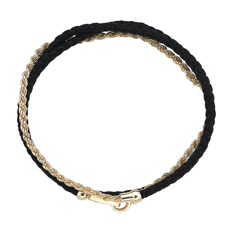 Men's Black Braided Leather and Real Yellow Gold Rope Chain Bracelet