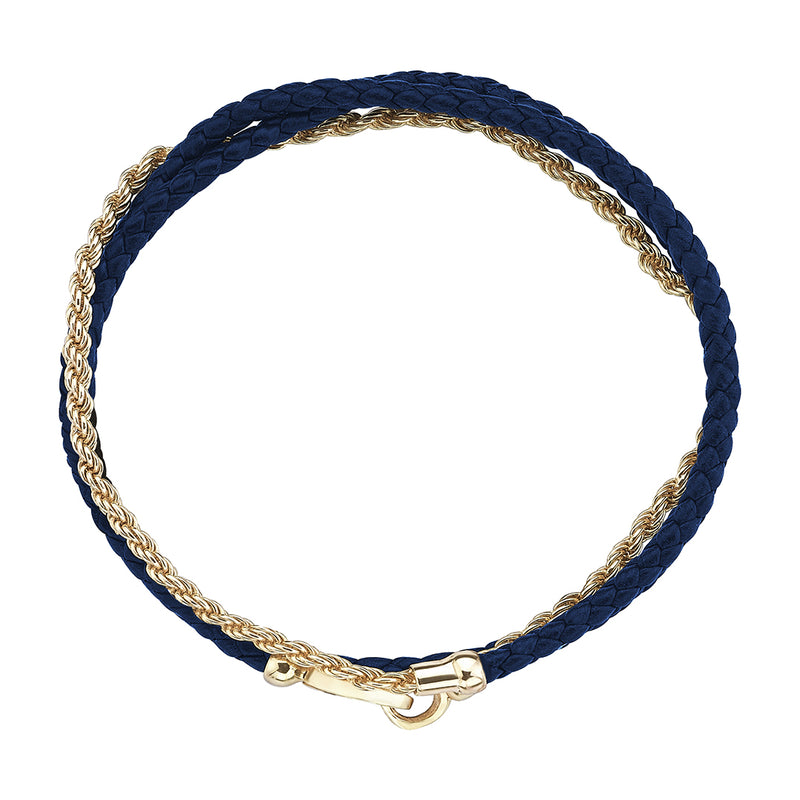 Men's Blue Braided Leather and Real Yellow Gold Rope Chain Bracelet