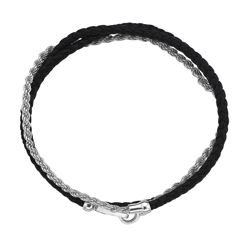 Men's Designer Bracelet - Black Leather & Silver Rope Chain