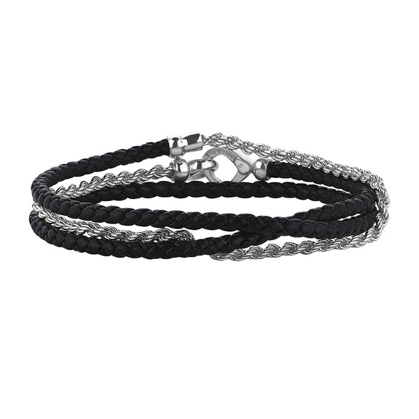 Rope Chain & Leather Wrap Bracelet - Black & Silver