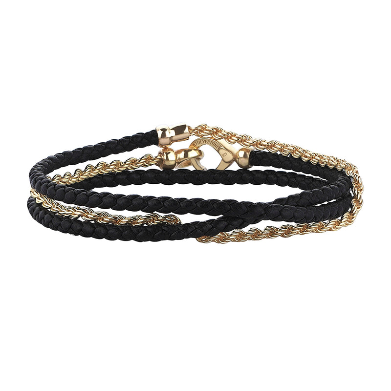 Rope Chain & Leather Wrap Bracelet - Black & Yellow Gold