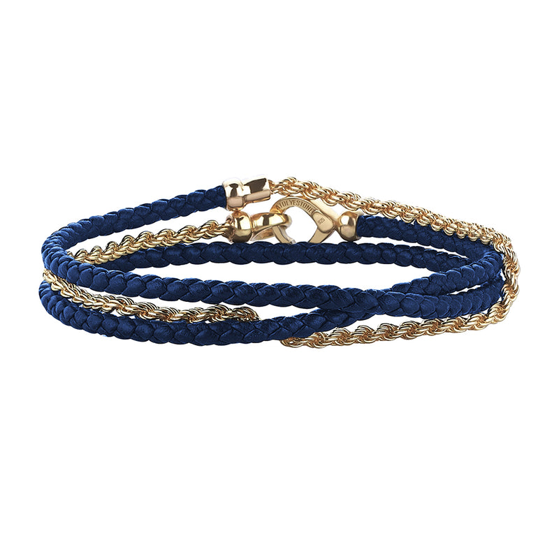 Rope Chain & Leather Wrap Bracelet - Blue & Yellow Gold
