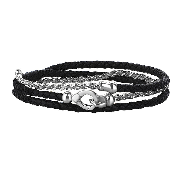 Men's Black Leather and Rope Chain Bracelet in Solid Silver